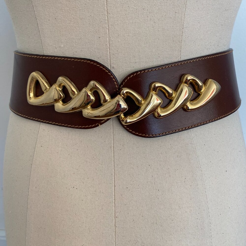 Aramis Brown Leather Woman's Belt with large brass buckle